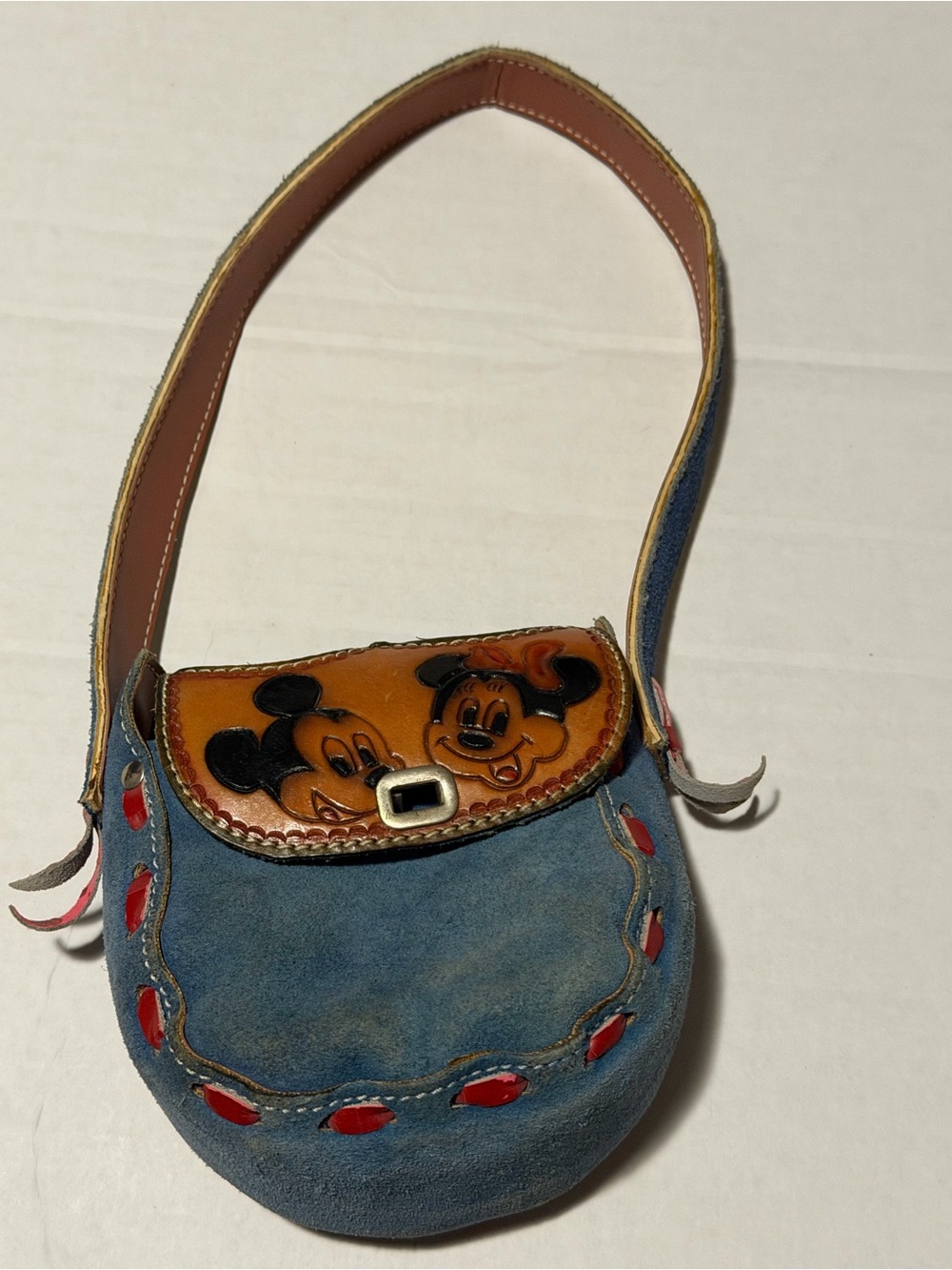 Vintage Mickey Minnie Mouse Tooled Leather Blue Suede Saddle Crossbody Purse